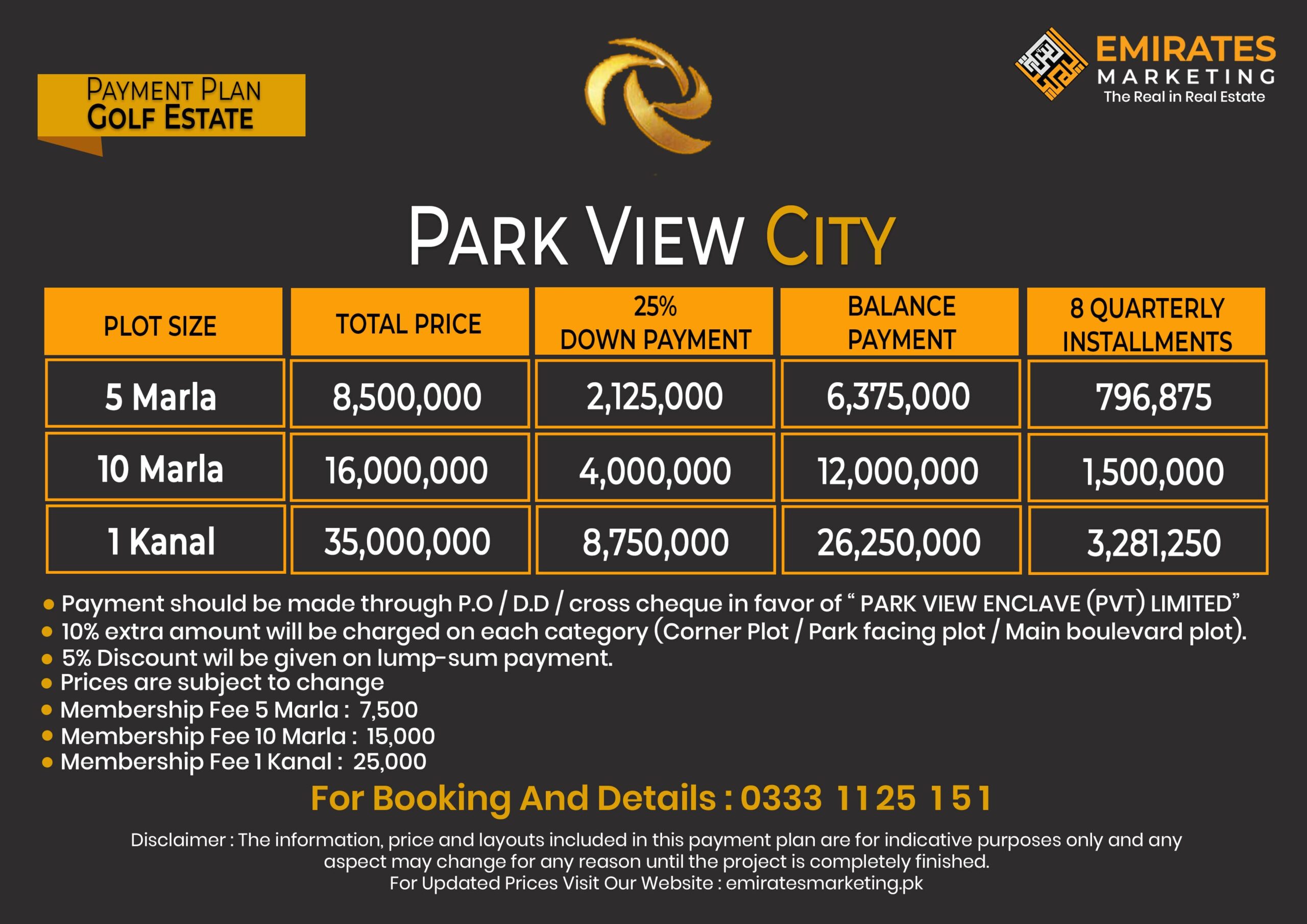park view city islamabad golf estate payment plan